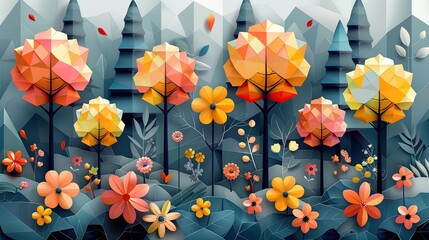 Pastel geometric background with nature-inspired elements like trees, flowers, and leaves, perfect for creating attractive and engaging editorial spreads or promotional materials. High resolution