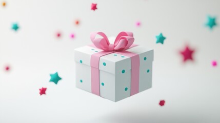 Obraz premium A floating gift box adorned with a pink ribbon and colorful stars in the background.