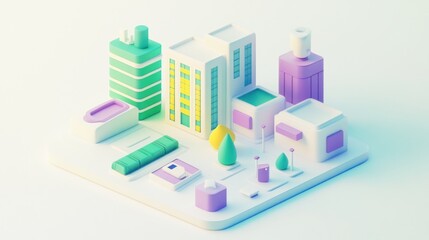 A colorful, stylized 3D cityscape with buildings, trees, and a park-like area.