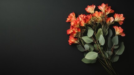 Fototapeta premium A bouquet of orange flowers with green leaves arranged on a dark background.