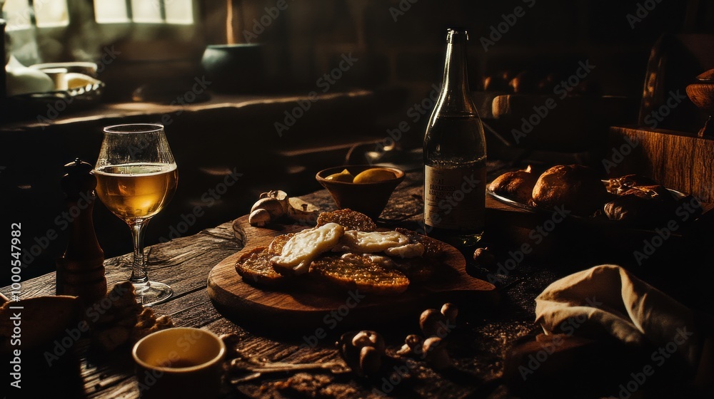 Poster A rustic table setting featuring food and drinks in a cozy, dimly lit environment.