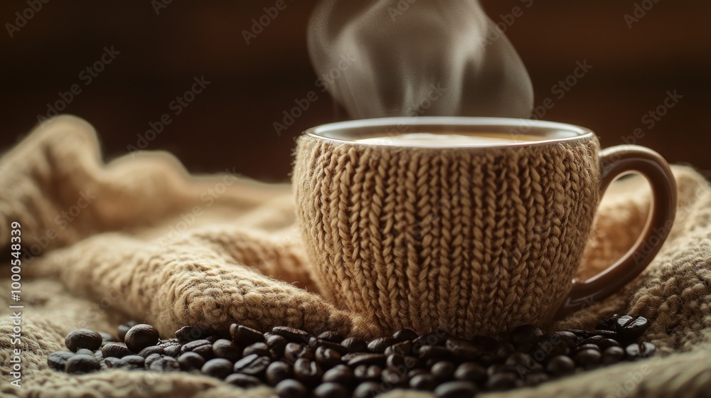 Canvas Prints A steaming cup of coffee placed on a cozy knit blanket with coffee beans scattered around.