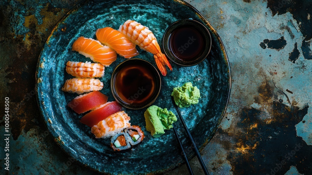 Canvas Prints A beautifully arranged sushi platter with sauces and wasabi, ideal for dining.