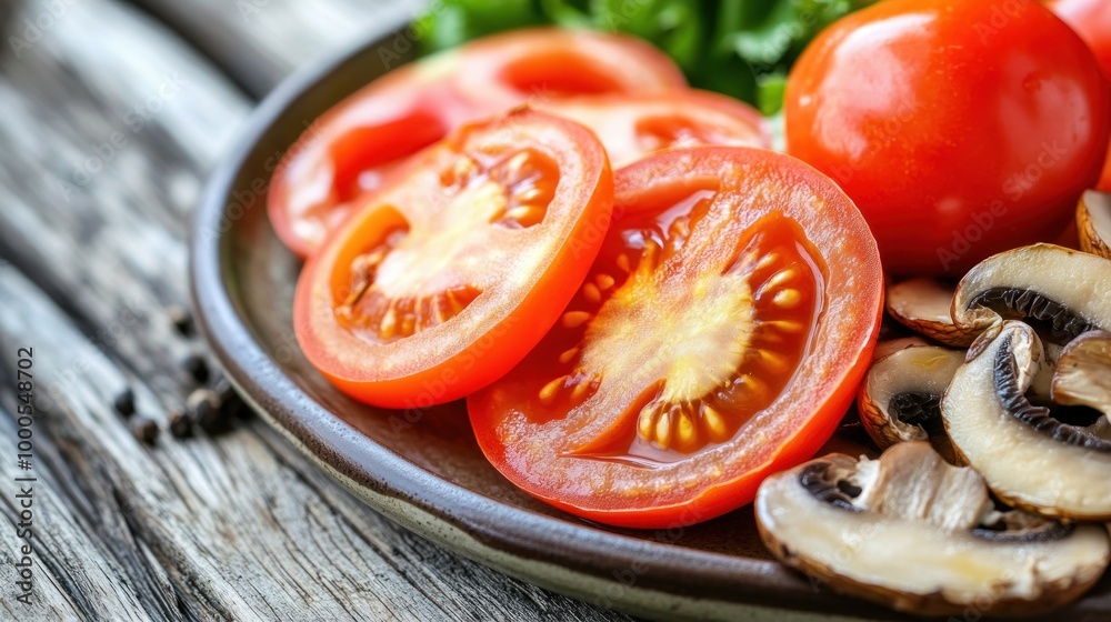 Wall mural A close-up of sliced tomatoes and mushrooms on a plate, showcasing fresh ingredients.