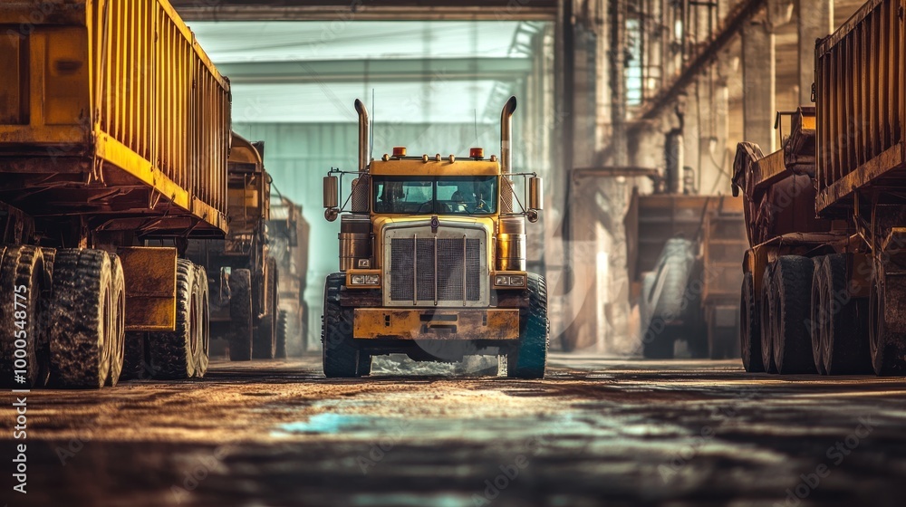 Canvas Prints A yellow truck positioned in an industrial setting surrounded by large vehicles.