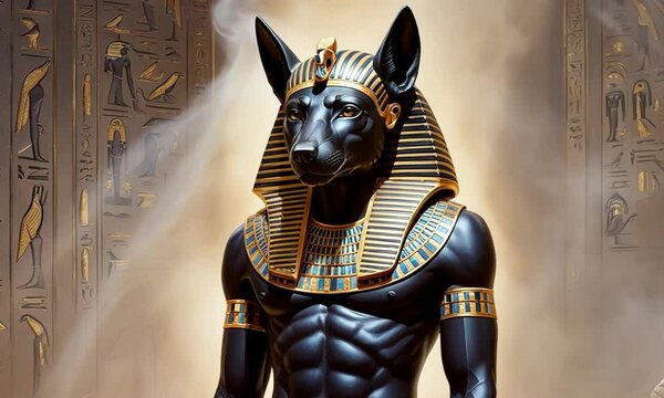 Egyptian god of mummification and the afterlife, depicts him with a jackal head and human body, exuding mystery and power.