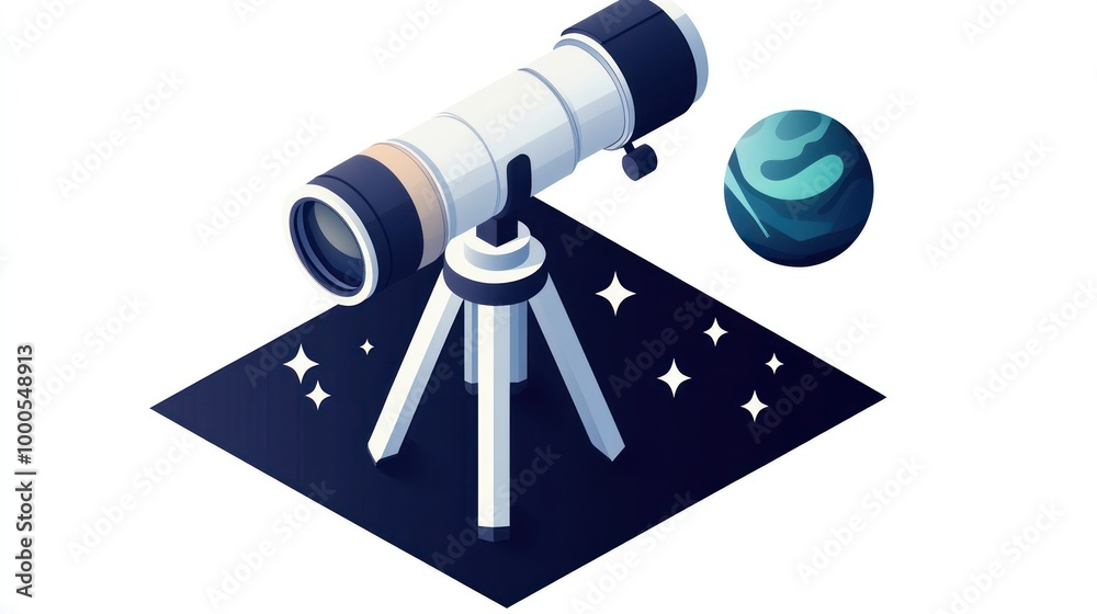 Poster a telescope aimed at a planet with stars in the background, representing astronomy exploration.