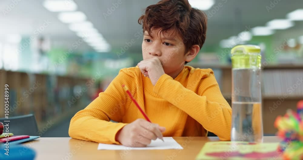 Fototapete Boy, studying and thinking for math at library in school with notebook for writing notes. Kid, education and homework with stationery for project with numbers for child growth and brain development