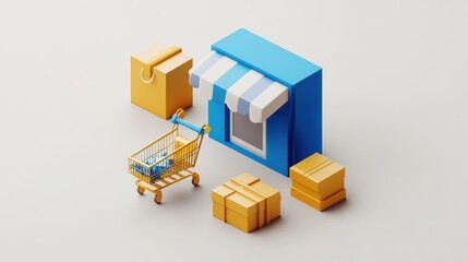 Obraz premium A colorful 3D illustration of a shop with packages and a shopping cart, symbolizing commerce.