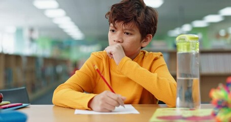 Boy, studying and thinking for math at library in school with notebook for writing notes. Kid, education and homework with stationery for project with numbers for child growth and brain development - Powered by Adobe