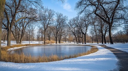 A serene winter landscape featuring a frozen pond surrounded by bare trees and grass.