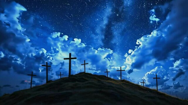 crosses on the hill with clouds moving on the starry sky