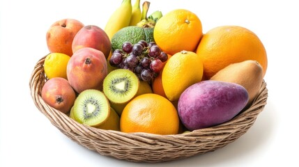 A colorful assortment of fresh fruits in a woven basket, showcasing healthy eating.