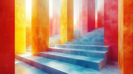A vibrant staircase scene with colorful pillars and steps, creating a surreal atmosphere.