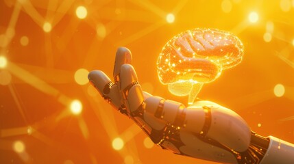 A futuristic robotic hand holds a glowing holographic brain, representing artificial intelligence, machine learning, and innovation in technology. The vibrant orange background enhances the sense of