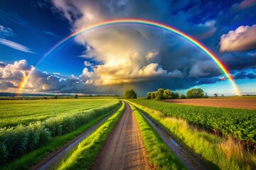 Obraz premium Vibrant Chase Through Fields Under a Rainbow Arc with Lush Greenery and Blue Sky Background