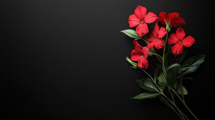 A bouquet of vibrant red flowers against a dark background, creating a striking visual contrast.
