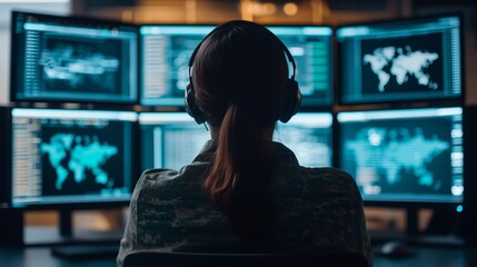 Woman in Military Uniform Working on Multiple Computers with World Map on Screen