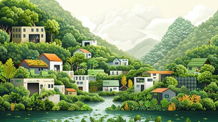 Illustration focusing on adaptation strategies for climate resilience, featuring communities building flood defenses and adopting sustainable agriculture practices. High resolution Illustration, in