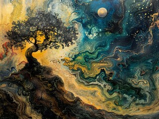 Abstract Night Sky Landscape with Tree and Moon
