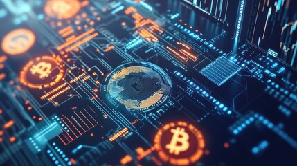 Digital representation of cryptocurrency, featuring Bitcoin symbols on a circuit board.