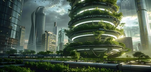 Obraz premium Futuristic cityscape with green architecture, showcasing unique buildings intertwined with nature against a dramatic sky.