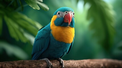 Obraz premium Vibrant Blue and Yellow Parrot Perched on Branch in Tropical Rainforest