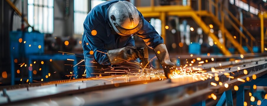 A skilled worker performs welding in an industrial setting, showcasing sparks and dedication to craftsmanship.