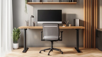 A minimalist work desk with a sleek computer monitor, ergonomic chair, and organized accessories for productivity