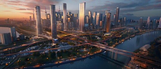 Fototapeta premium A stunning aerial view of a modern city skyline at sunset, showcasing vibrant architecture and bustling urban life.