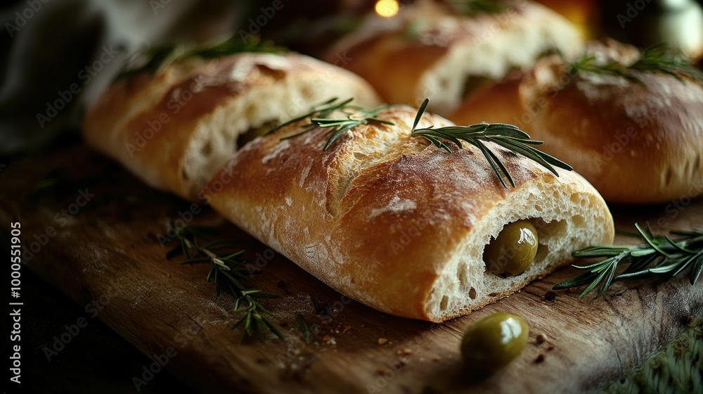 Wall mural Freshly baked bread with olives and rosemary on a wooden board.