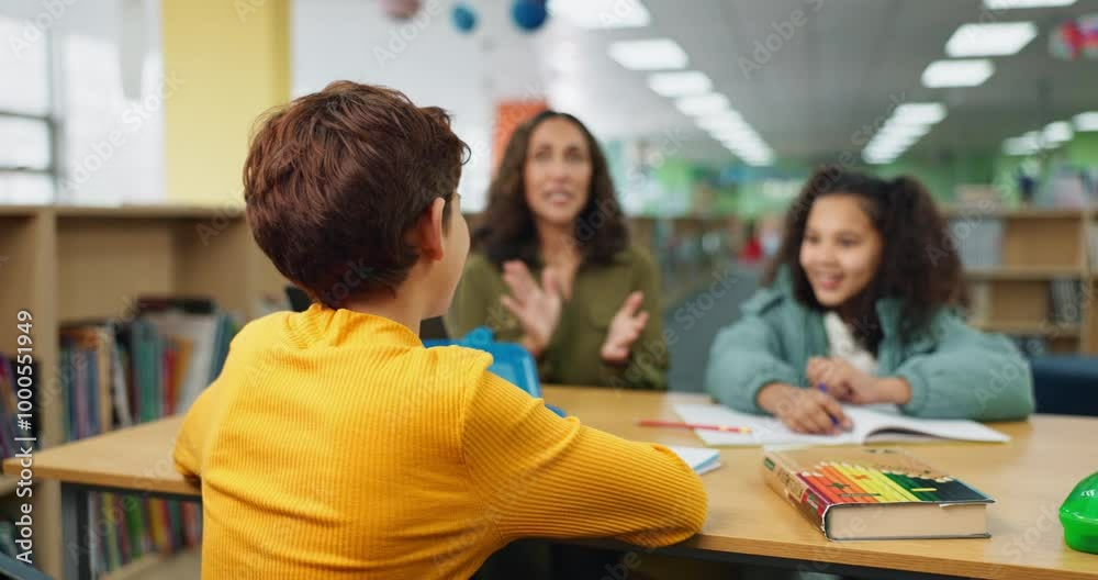 Poster hand, back and child with answer in library for studying, help or academic support at school. studen