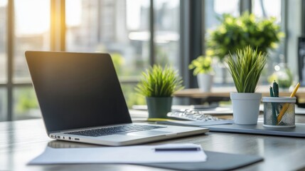 Fototapeta premium A professional workspace with a neatly arranged work desk, laptop, and documents, ready for a business meeting