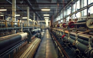 A detailed view of a textile factory with weaving machines and intricate machinery, showcasing industrial craftsmanship.