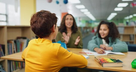 Hand, back and child with answer in library for studying, help or academic support at school. Student, learning and people with gesture at desk for homework feedback, education or assistance of tutor