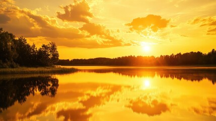 Obraz premium A radiant golden sky at dusk with warm light reflecting off a lake, creating a tranquil and serene landscape