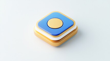 A colorful, modern button design with layered shapes and a central circular element.