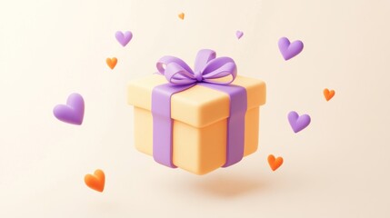 Obraz premium A floating gift box with a ribbon, surrounded by colorful hearts, symbolizing celebration.