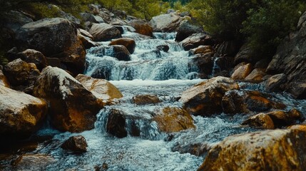 A scenic mountain stream with large boulders, the water gently cascading over the stones