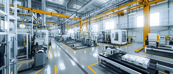 A modern industrial workshop equipped with advanced machinery and robotic arms, showcasing high technology and efficiency.