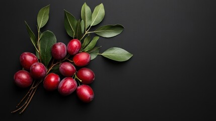 A cluster of ripe plums with green leaves on a dark background.