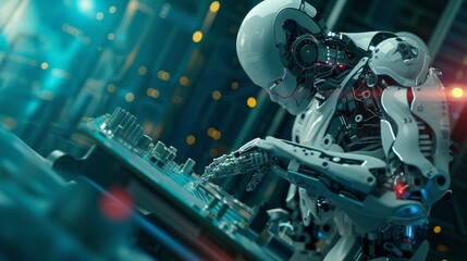 Fototapeta premium A humanoid robot interacts with a control panel in a sleek, futuristic facility. Surrounded by illuminated lights, the scene reflects the cutting edge of robotics and artificial intelligence