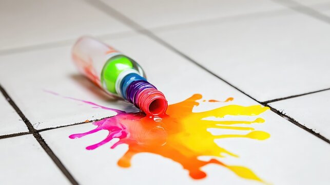 A spilled bottle of nail polish on a white tile floor, creating a bright splash of color and mess