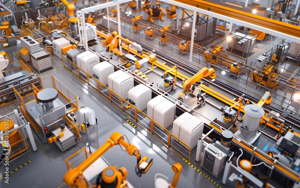 Poster aerial view of an automated factory with robotic arms and machinery working in unison to streamline 