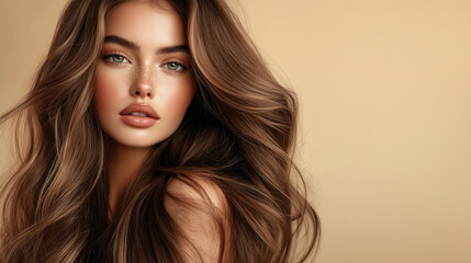 Fototapeta premium A woman with long brown hair and a tan background. She has a nice smile and is looking at the camera