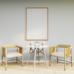 Mockup frame on table in living room interior on empty white wall background.