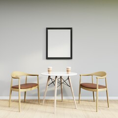 Mockup frame on table in living room interior on empty white wall background.