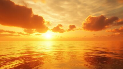 Breathtaking golden sky at sunset over a tranquil ocean with reflections on the water, creating a serene atmosphere