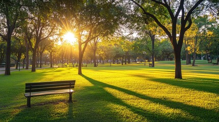 Fototapeta premium City park at sunset with trees and benches casting long shadows on the grass, creating a peaceful atmosphere
