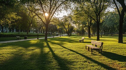 Obraz premium City park at sunset with trees and benches casting long shadows on the grass, creating a peaceful atmosphere